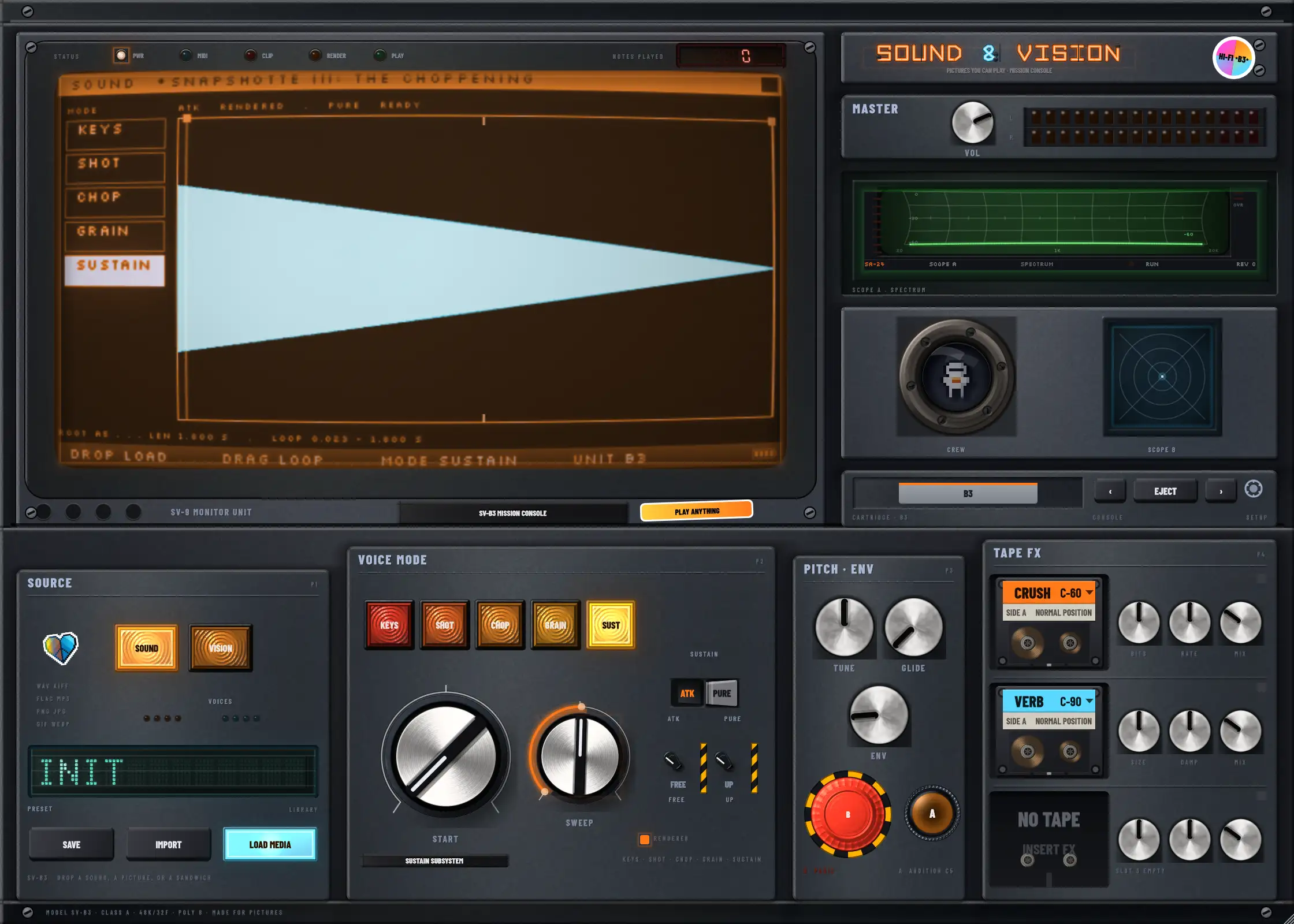 Sound and Vision: the B3 console, a CRT bank over a rack of labelled panels, holding a sustained note